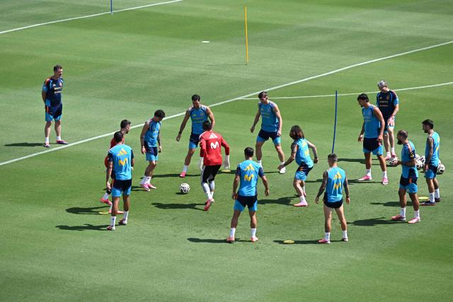 Spain's players take part in a training session at the at the Cotton Bowl Stadium in Dallas on July 12, 2026, during the 2026 World Cup foorball tournament. (Photo by Paul ELLIS / AFP)