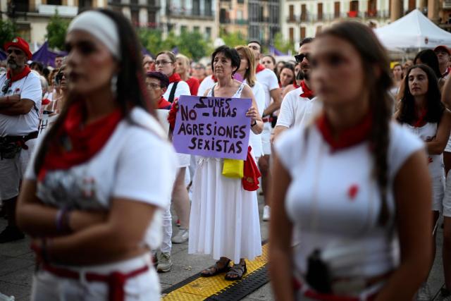 People gather in Pamplona, northern Spain, on July 12, 2026, to protest against sexual assaults reported during the San Fermin festival. (Photo by MIGUEL RIOPA / AFP)