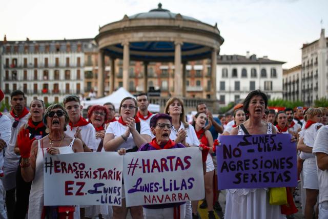 People gather in Pamplona, northern Spain, on July 12, 2026, to protest against sexual assaults reported during the San Fermin festival. (Photo by MIGUEL RIOPA / AFP)