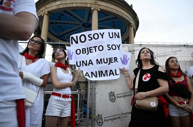 People gather in Pamplona, northern Spain, on July 12, 2026, to protest against sexual assaults reported during the San Fermin festival. (Photo by ANDER GILLENEA / AFP)