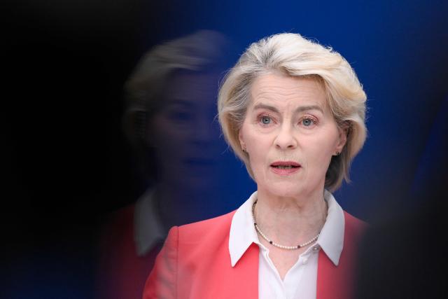 European Commission President Ursula von der Leyen addresses the audience following a press conference on the handover of the final report of the Special Panel on child safety online in Brussels on July 13, 2026. (Photo by JOHN THYS / AFP)