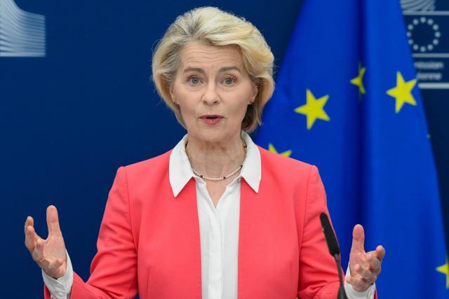 European Commission President Ursula von der Leyen addresses the audience following a press conference on the handover of the final report of the Special Panel on child safety online in Brussels on July 13, 2026. (Photo by JOHN THYS / AFP)