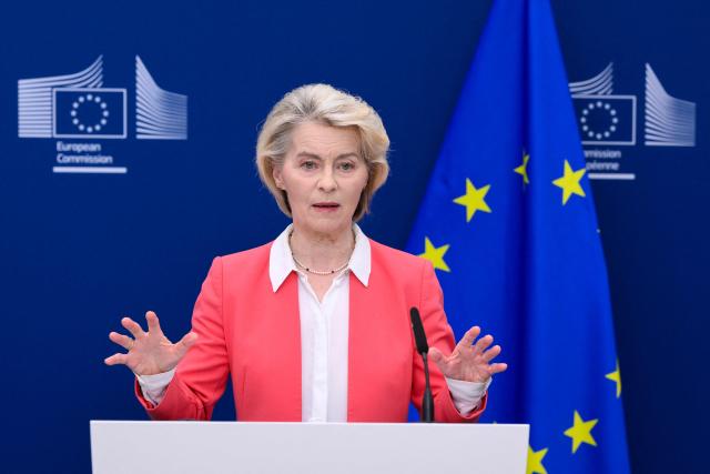 European Commission President Ursula von der Leyen addresses the audience following a press conference on the handover of the final report of the Special Panel on child safety online in Brussels on July 13, 2026. (Photo by JOHN THYS / AFP)