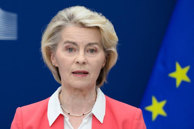 European Commission President Ursula von der Leyen looks on during a press conference on the handover of the final report of the Special Panel on child safety online in Brussels on July 13, 2026. (Photo by JOHN THYS / AFP)