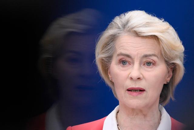 European Commission President Ursula von der Leyen addresses the audience following a press conference on the handover of the final report of the Special Panel on child safety online in Brussels on July 13, 2026. (Photo by JOHN THYS / AFP)