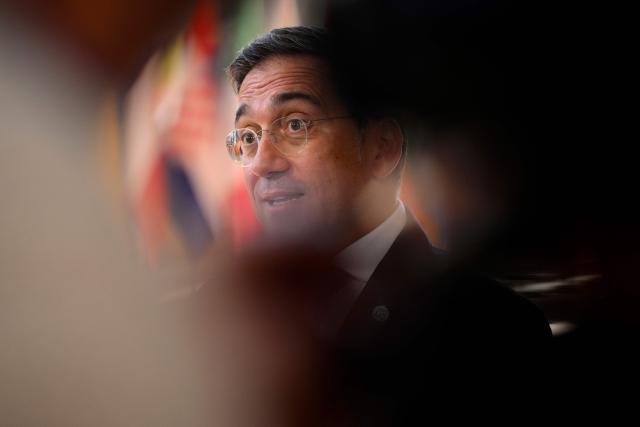 Spanish's Foreign Minister Jose Manuel Albares Bueno addresses media during a Foreign Affairs Coucnil meeting at the EU headquarters in Brussels on July 13, 2026. (Photo by JOHN THYS / AFP)