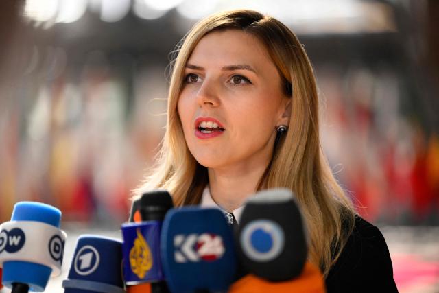Bulgaria's Foreign Minister Velislava Petrova-Chamova addresses media during a Foreign Affairs Coucnil meeting at the EU headquarters in Brussels on July 13, 2026. (Photo by JOHN THYS / AFP)