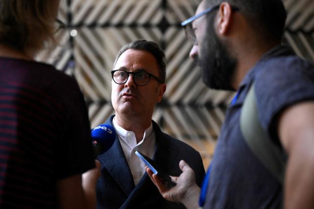 Luxembourg's Foreign Minister Xavier Bettel addresses media during a Foreign Affairs Coucnil meeting at the EU headquarters in Brussels on July 13, 2026. (Photo by JOHN THYS / AFP)