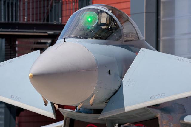 A Eurofighter jet of the German air force is seen during the visit of the German Defence Minister at the Wittmund air base, home of the Tactical Air Force Wing (Taktisches Luftwaffengeschwader) 71 'Richthofen', in Wittmund, northern Germany, on July 13, 2026. Wittmund air base is also home of the Quick Reaction Alert (QRA) of the German air force for northern Germany. (Photo by FOCKE STRANGMANN / AFP)