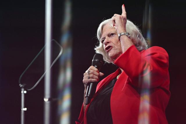(FILES) Reform UK's Ann Widdecombe delivers a speech on the opening day of the Reform UK 2024 annual Party Conference in Birmingham on September 20, 2024. Anti-terrorism police have taken charge of the probe into the murder on July 9 of veteran British right-wing politician Ann Widdecombe after fresh evidence emerged, the interior minister said on July 13, 2026. (Photo by Oli SCARFF / AFP)