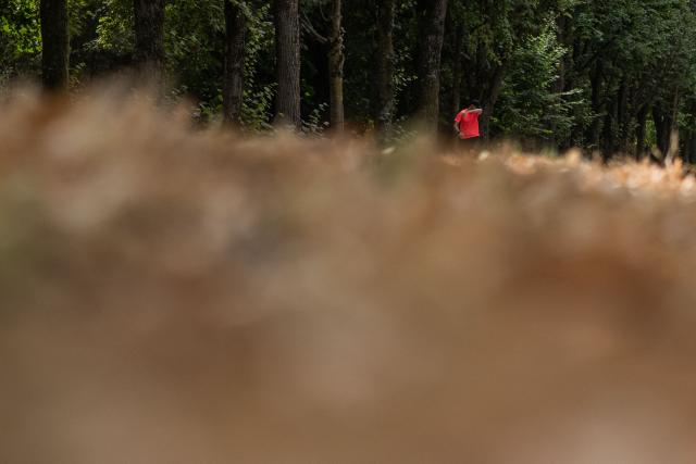 A jogger runs past dried out vegetation at the Vincennes Woods, a park in eastern Paris, on July 13, 2026, amid a heatwave. The Paris region, and large parts of the rest of France, is currently experiencing the third heatwave since May 2026, increasing the risk of fires. The three heatwaves have seen temperature records broken in several countries across Europe and have caused thousands of excess deaths, according to estimates in Belgium, Britain, France and Spain. (Photo by Martin LELIEVRE / AFP)