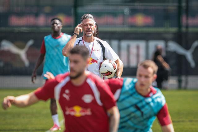 Leipzig's Argentinian head coach Martin Demichelis reacts during a training session at the training grounds of German first division Bundesliga football club RB Leipzig in Leipzig, eastern Germany on July 13, 2026. (Photo by Ronny HARTMANN / AFP)