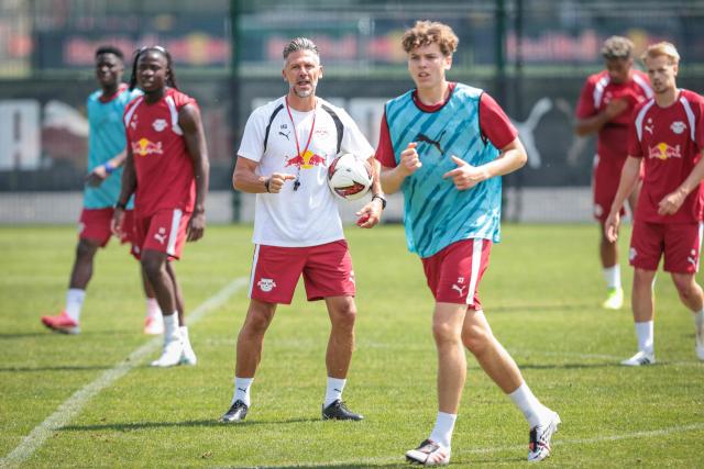 Argentinian coach Martin Demichelis reacts during his first training session as Leipzig's new head coach at the training grounds of German first division Bundesliga football club RB Leipzig in Leipzig, eastern Germany on July 13, 2026. (Photo by Ronny HARTMANN / AFP)