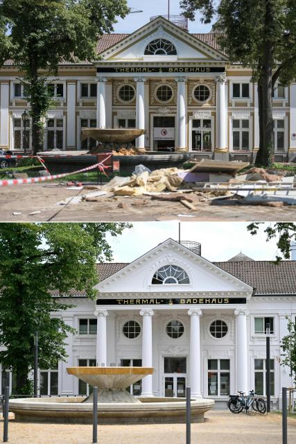 (COMBO) This combination of pictures created on July 13, 2026 shows above
(FILES) A view shows the exterior of the spa bath, which was destroyed by the flood, in Bad Neuenahr, western Germany on August 25, 2021, weeks after heavy rain and floods caused major damage in the Ahr region and below, a photo shows the restored thermal bath to mark the fifth anniversary of the floods in Rhineland-Palatinate and North Rhine-Westphalia in Bad Neuenahr, western Germany on July 13, 2026.. More than 180 people lost their lives in severe floods that pummelled western Germany in mid-July 2021, raising questions about whether enough was done to forewarn residents. (Photo by INA FASSBENDER / AFP)