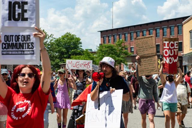 Demonstrators protest a federal law enforcement involved shooting in Biddeford, Maine on July 13, 2026. A shooting on Monday involving US immigration agents killed a man identified by rights groups as a 26-year-old Colombian man, an incident likely to fuel more criticism of the Trump administrations deportation drive. The shooting happened in Biddeford, a town of 22,000 people in the northern state of Maine and comes a week after an Immigration and Customs Enforcement (ICE) agent shot dead a Mexican man in Texas. (Photo by Joseph Prezioso / AFP)
