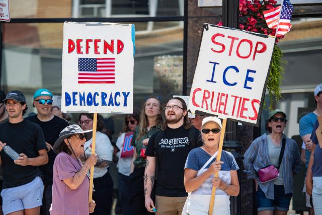 Demonstrators protest a federal law enforcement involved shooting in Biddeford, Maine on July 13, 2026. A shooting on Monday involving US immigration agents killed a man identified by rights groups as a 26-year-old Colombian man, an incident likely to fuel more criticism of the Trump administrations deportation drive. The shooting happened in Biddeford, a town of 22,000 people in the northern state of Maine and comes a week after an Immigration and Customs Enforcement (ICE) agent shot dead a Mexican man in Texas. (Photo by Joseph Prezioso / AFP)