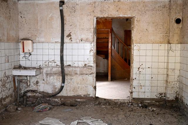 A photo shows a damaged bathroom at a uninhabited house in Schuld in Schuld, western Germany on July 13, 2026, five years after the dramatic floods of July 14 and 15, 2021 in Rhineland-Palatinate and North Rhine-Westphalia. More than 180 people lost their lives in severe floods that pummelled western Germany in mid-July 2021, raising questions about whether enough was done to forewarn residents. (Photo by Ina FASSBENDER / AFP)