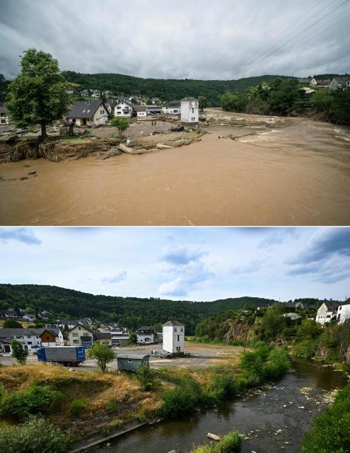 (COMBO) This combination of pictures created on July 13, 2026 shows a partial view of a flooded street and houses destroyed by the floods in Schuld near Bad Neuenahr, western Germany, on July 15, 2021 and below a photo shows an overview of the village with the Ahr river to mark the fifth anniversary of the floods in Rhineland-Palatinate and North Rhine-Westphalia in Schuld, western Germany on July 13, 2026. Heavy rains and floods lashing western Europe have killed at least 20 people in Germany and left around 50 missing, as rising waters led several houses to collapse.
More than 180 people lost their lives in severe floods that pummelled western Germany in mid-July 2021, raising questions about whether enough was done to forewarn residents. (Photo by Bernd Lauter and Ina FASSBENDER / AFP)