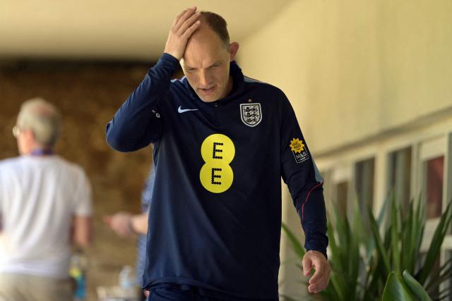England's German head coach Thomas Tuchel arrives for a press conference as part of the 2026 World Cup football tournament in Kansas City on July 13, 2026.  (Photo by JUAN MABROMATA / AFP)