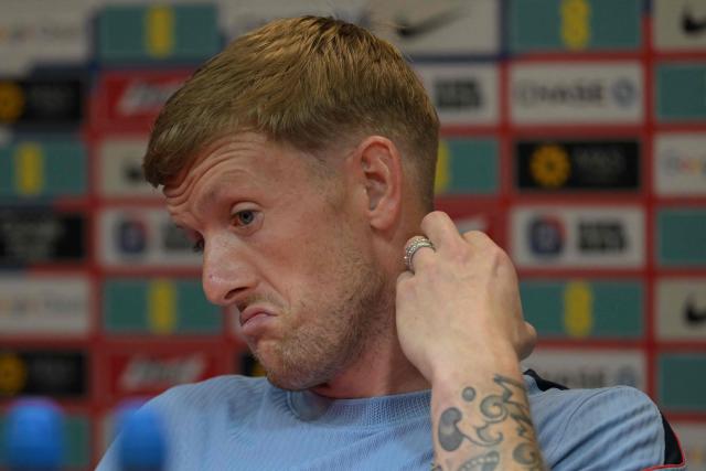 England's goalkeeper #01 Jordan Pickford gives a press conference as part of the 2026 World Cup football tournament in Kansas City on July 13, 2026.  (Photo by JUAN MABROMATA / AFP)