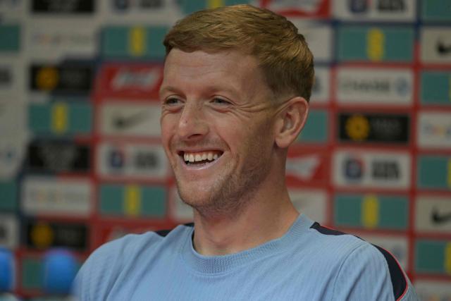 England's goalkeeper #01 Jordan Pickford gives a press conference as part of the 2026 World Cup football tournament in Kansas City on July 13, 2026.  (Photo by JUAN MABROMATA / AFP)