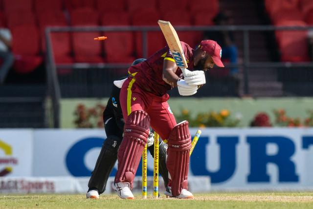 John Campbell of West Indies is bowled by Mitchell Santner of New Zealand (unseen) during the second one-day international (ODI) cricket match between West Indies and New Zealand at Guyana National Stadium in Providence, Guyana on July 13, 2026. (Photo by Randy Brooks / AFP)