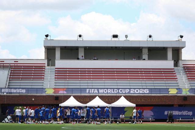 France's players take part in an MD-1 training session at the Southern Methodist University (SMU) in University Park, Texas on July 13, 2026, on the eve of the 2026 World Cup football tournament semi-final match between France and Spain. (Photo by FRANCK FIFE / AFP)
