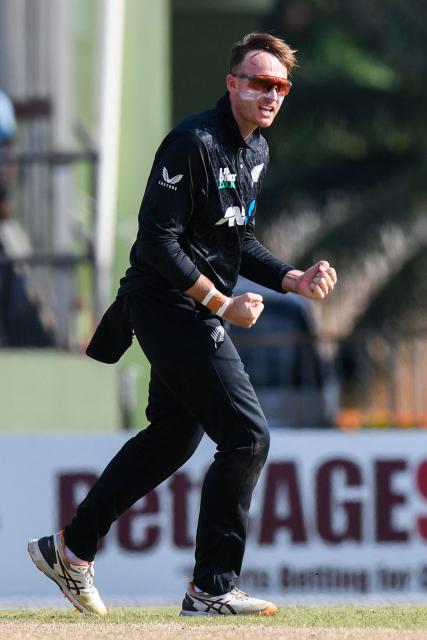 Jayden Lennox of New Zealand celebrates the dismissal of Shai Hope of West Indies during the second one-day international (ODI) cricket match between West Indies and New Zealand at Guyana National Stadium in Providence, Guyana on July 13, 2026. (Photo by Randy Brooks / AFP)