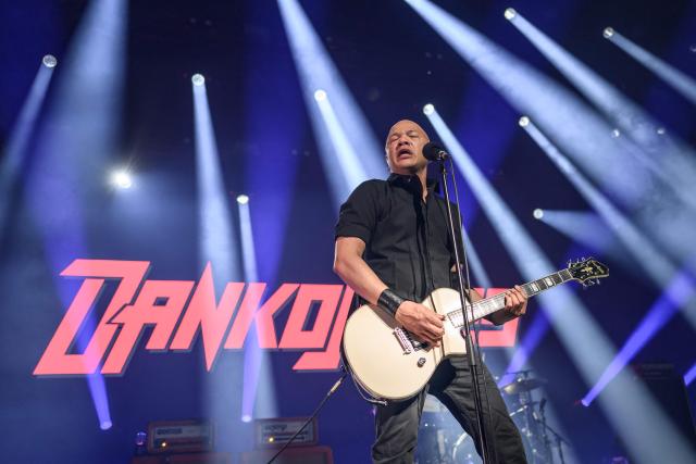 Danko Jones of the Canadian hard rock band Danko Jones performs on stage during the 60th Montreux Jazz Festival, in Montreux on July 13, 2026. (Photo by Fabrice COFFRINI / AFP)