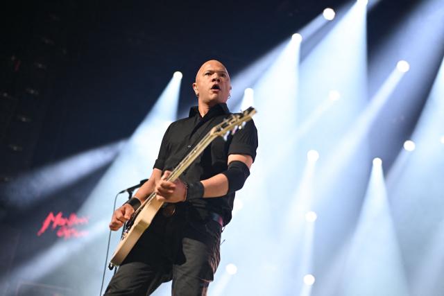 Danko Jones of the Canadian hard rock band Danko Jones performs on stage during the 60th Montreux Jazz Festival, in Montreux on July 13, 2026. (Photo by Fabrice COFFRINI / AFP)
