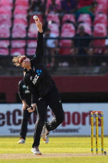 Jayden Lennox of New Zealand bowls during the second one-day international (ODI) match between West Indies and New Zealand at Guyana National Stadium in Providence, Guyana, on July 13, 2026. (Photo by Randy Brooks / AFP)