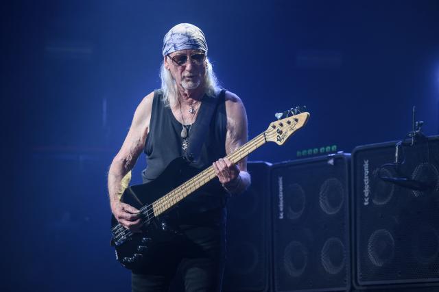 Bass guitarist Roger Glover of the British rock band Deep Purple performs during the 60th Montreux Jazz Festival in Montreux, Switzerland, on July 13, 2026. (Photo by Fabrice COFFRINI / AFP)