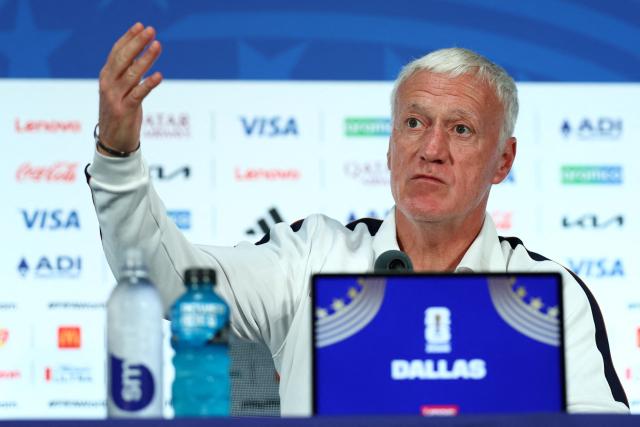 France's head coach Didier Deschamps gives an MD-1 press conference at the Dallas Stadium in Arlington on July 13, 2026, on the eve of the 2026 World Cup football tournament semi-final match between France and Spain. (Photo by FRANCK FIFE / AFP)