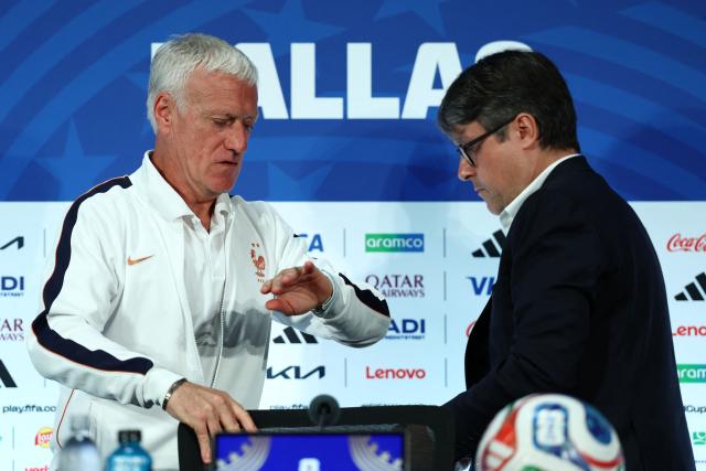 France's head coach Didier Deschamps gives an MD-1 press conference at the Dallas Stadium in Arlington on July 13, 2026, on the eve of the 2026 World Cup football tournament semi-final match between France and Spain. (Photo by FRANCK FIFE / AFP)