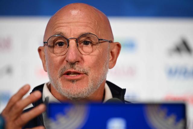 Spain's head coach Luis de la Fuente gives an MD-1 press conference at the Dallas Stadium in Arlington on July 13, 2026, on the eve of the 2026 World Cup football tournament semi-final match between France and Spain. (Photo by MAURO PIMENTEL / AFP)