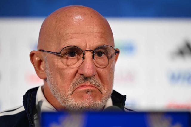 Spain's head coach Luis de la Fuente gives an MD-1 press conference at the Dallas Stadium in Arlington on July 13, 2026, on the eve of the 2026 World Cup football tournament semi-final match between France and Spain. (Photo by MAURO PIMENTEL / AFP)