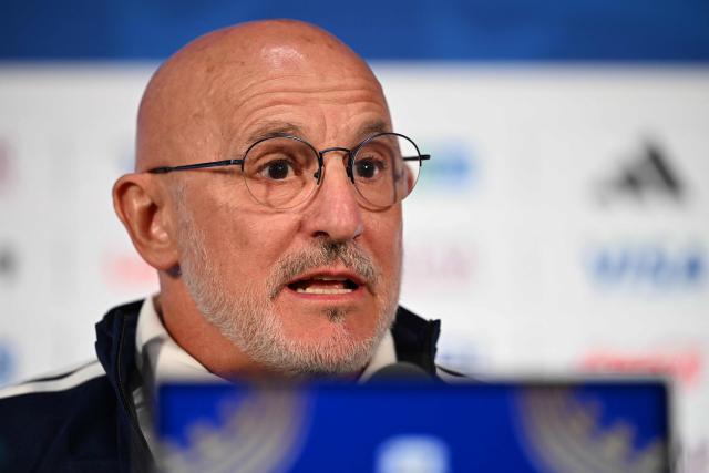 Spain's head coach Luis de la Fuente gives an MD-1 press conference at the Dallas Stadium in Arlington on July 13, 2026, on the eve of the 2026 World Cup football tournament semi-final match between France and Spain. (Photo by MAURO PIMENTEL / AFP)