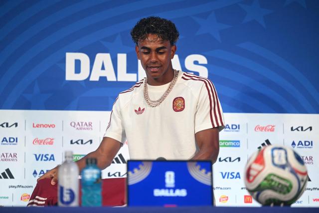 Spain's forward #19 Lamine Yamal arrives for an MD-1 press conference at the Dallas Stadium in Arlington on July 13, 2026, on the eve of the 2026 World Cup football tournament semi-final match between France and Spain. (Photo by MAURO PIMENTEL / AFP)