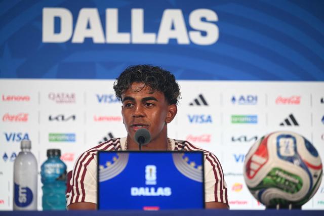 Spain's forward #19 Lamine Yamal gives an MD-1 press conference at the Dallas Stadium in Arlington on July 13, 2026, on the eve of the 2026 World Cup football tournament semi-final match between France and Spain. (Photo by MAURO PIMENTEL / AFP)