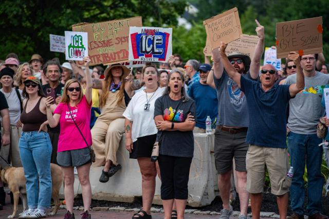 People participate in a peaceful walking vigil honoring a 26-year-old Colombian man who was fatally shot during an Immigration and Customs Enforcement (ICE) operation in Biddeford, Maine, on July 13, 2026. A US immigration officer on July 13, fatally shot a man identified by rights groups as a 26-year-old Colombian, an incident likely to fuel criticism of President Donald Trump's deportation drive. The shooting happened in Biddeford, a town of 22,000 people in the northern state of Maine, and comes a week after an Immigration and Customs Enforcement (ICE) agent shot dead a Mexican man in Texas. (Photo by Joseph Prezioso / AFP)