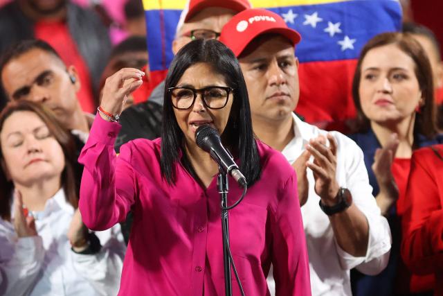 (FILES) Venezuela’s interim President Delcy Rodriguez delivers a speech after the approval of the Reform of the Organic Law on Hydrocarbons outside the Miraflores Presidential Palace in Caracas on January 29, 2026. Venezuela's leader Delcy Rodriguez assured on July 13, 2026, that oil production in the country was "not affected" by the double earthquakes that killed more than 4,500 people last month. (Photo by Pedro MATTEY / AFP)