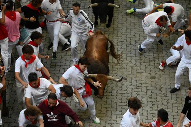 Participants run ahead of bulls from the Jandilla bull ranch during the eighth running of the bulls of the San Fermin festival in Pamplona, northern Spain, on July 14, 2026. Thousands of people every year attend the week-long festival and its famous 'encierros', or running of the bulls, in which six bulls are released at 8:00 a.m. evey day to run from their corral to the bullring through the narrow streets of the old town over an 850 meters (yards) course while runners ahead of them try to stay close to the bulls without falling over or being gored. (Photo by Miguel RIOPA / AFP)