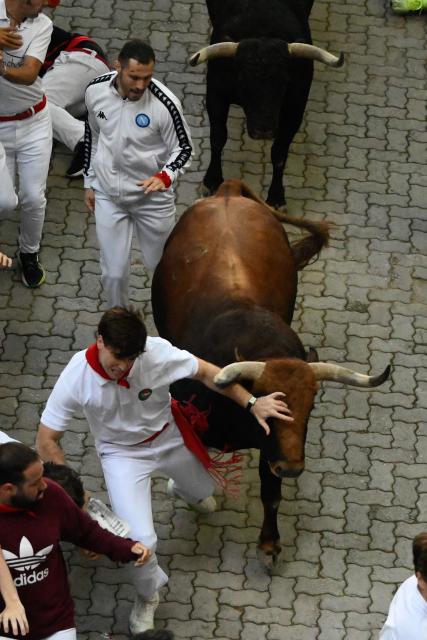 A runner tries to evade a bull as participants run ahead of bulls from the Jandilla bull ranch during the eighth running of the bulls of the San Fermin festival in Pamplona, northern Spain, on July 14, 2026. Thousands of people every year attend the week-long festival and its famous 'encierros', or running of the bulls, in which six bulls are released at 8:00 a.m. evey day to run from their corral to the bullring through the narrow streets of the old town over an 850 meters (yards) course while runners ahead of them try to stay close to the bulls without falling over or being gored. (Photo by Miguel RIOPA / AFP)