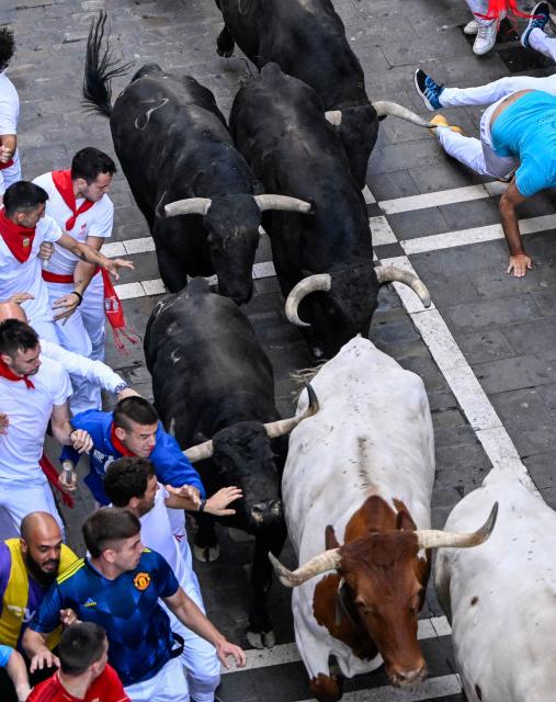 Participants run ahead of bulls from the Jandilla bull ranch during the eighth running of the bulls of the San Fermin festival in Pamplona, northern Spain, on July 14, 2026. Thousands of people every year attend the week-long festival and its famous 'encierros', or running of the bulls, in which six bulls are released at 8:00 a.m. evey day to run from their corral to the bullring through the narrow streets of the old town over an 850 meters (yards) course while runners ahead of them try to stay close to the bulls without falling over or being gored. (Photo by ANDER GILLENEA / AFP)