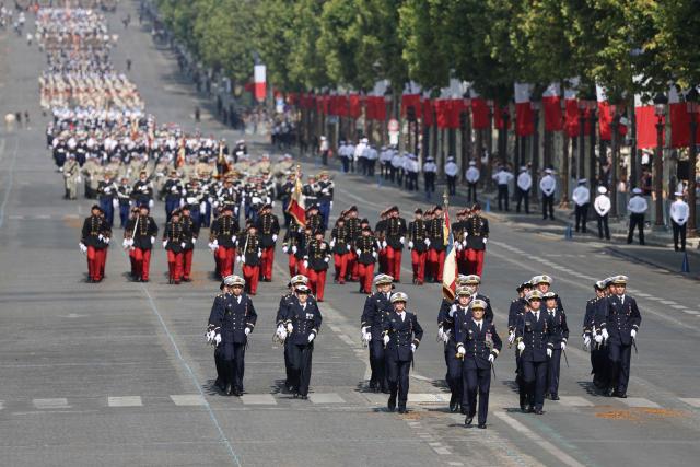 Members of Val-de-Grace School during the annual Bastille Day military parade on the Champs-Elysees Avenue in Paris on July 14, 2026. (Photo by Ludovic MARIN / AFP)