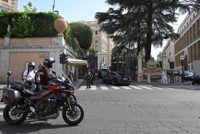 A motorcade delegation arrives on the first day of talks between the Lebanese and Israeli delegations on the backdrop of a regional escalation between Washington and Tehran at the US Embassy in Rome on July 14, 2026. The two countries, officially at war for decades, reached a framework agreement on June 26, after five rounds of negotiations in Washington, aimed at ending the war between Israel and Iran-backed Hezbollah and paving the way for peace. But Hezbollah rejects the agreement, which calls for the group's disarmament and whose implementation is set to begin with Israeli withdrawal from two "pilot zones" in southern Lebanon. (Photo by Andreas SOLARO / AFP)