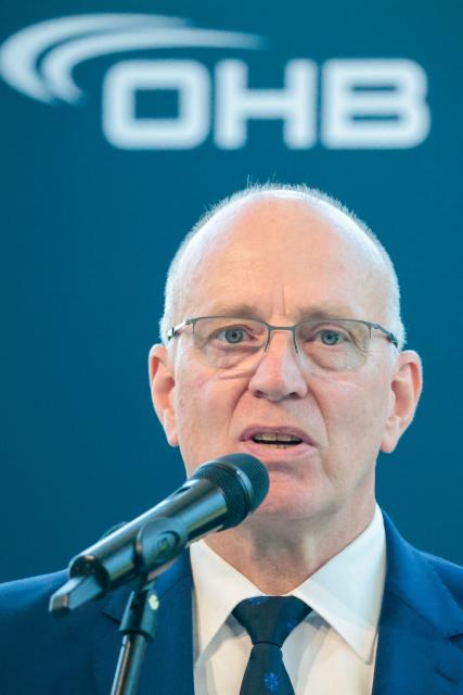 Marco Fuchs, CEO of the OHB group, speaks during a press briefing at the headquarters of German aerospace and technology company OHB in Bremen, northwestern Germany, on July 14, 2026. According to the group, it covers "the entire spectrum of modern space technologies", with activities ranging "from the development of complete satellite systems and space missions to infrastructure for access to space, as well as data-driven applications and digital services". (Photo by FOCKE STRANGMANN / AFP)