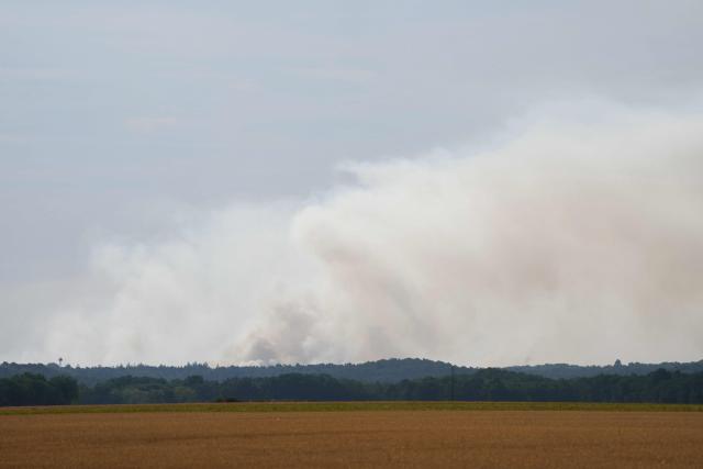 This photograph shows smoke rising from a fire in the Fontainebleau Forest, in Noisy-sur-Ecole, in the Paris' Ile-de-France region on July 14, 2026. The fires that have been raging since July 12, 2026 afternoon in the Fontainebleau forest had spread across more than 1,900 hectares by July 14, 2026 morning, according to the Seine-et-Marne fire service, which hopes the fire will be brought under control later today. (Photo by Dimitar DILKOFF / AFP)