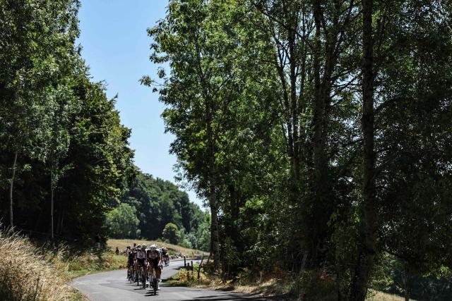 The pack of riders (peloton) cycles during the 10th stage of the 113th edition of the Tour de France cycling race, 166,6 km between Aurillac and Le Lioran in the Massif Central, on July 14, 2026. (Photo by Anne-Christine POUJOULAT / AFP)