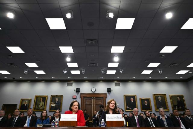 (From L-R) US Supreme Court Justice Elena Kagan and US Supreme Court Justice Amy Coney Barrett testify during a House Appropriations Subcommittee on Financial Services hearing on Capitol Hill in Washington, DC, on July 14, 2026. Two US Supreme Court justices made a rare appearance before Congress on Tuesday, seeking funding to protect judges and their families after a divisive term that deepened tensions between the court and President Donald Trump. (Photo by Kent NISHIMURA / AFP)
